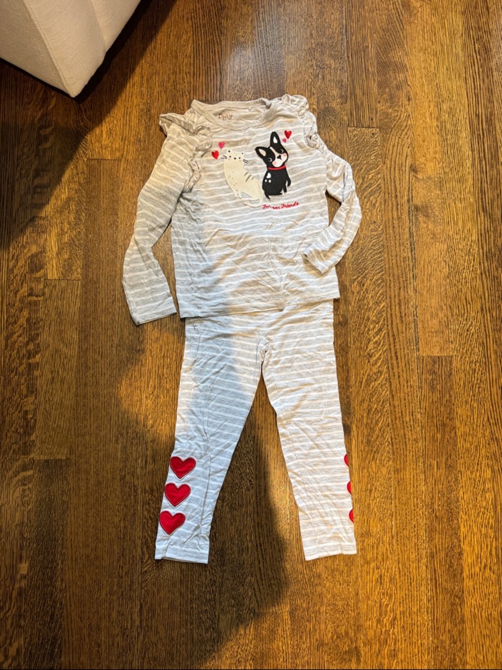 Luxe Gray Striped Girls Pajama Set with Red Heart Accents